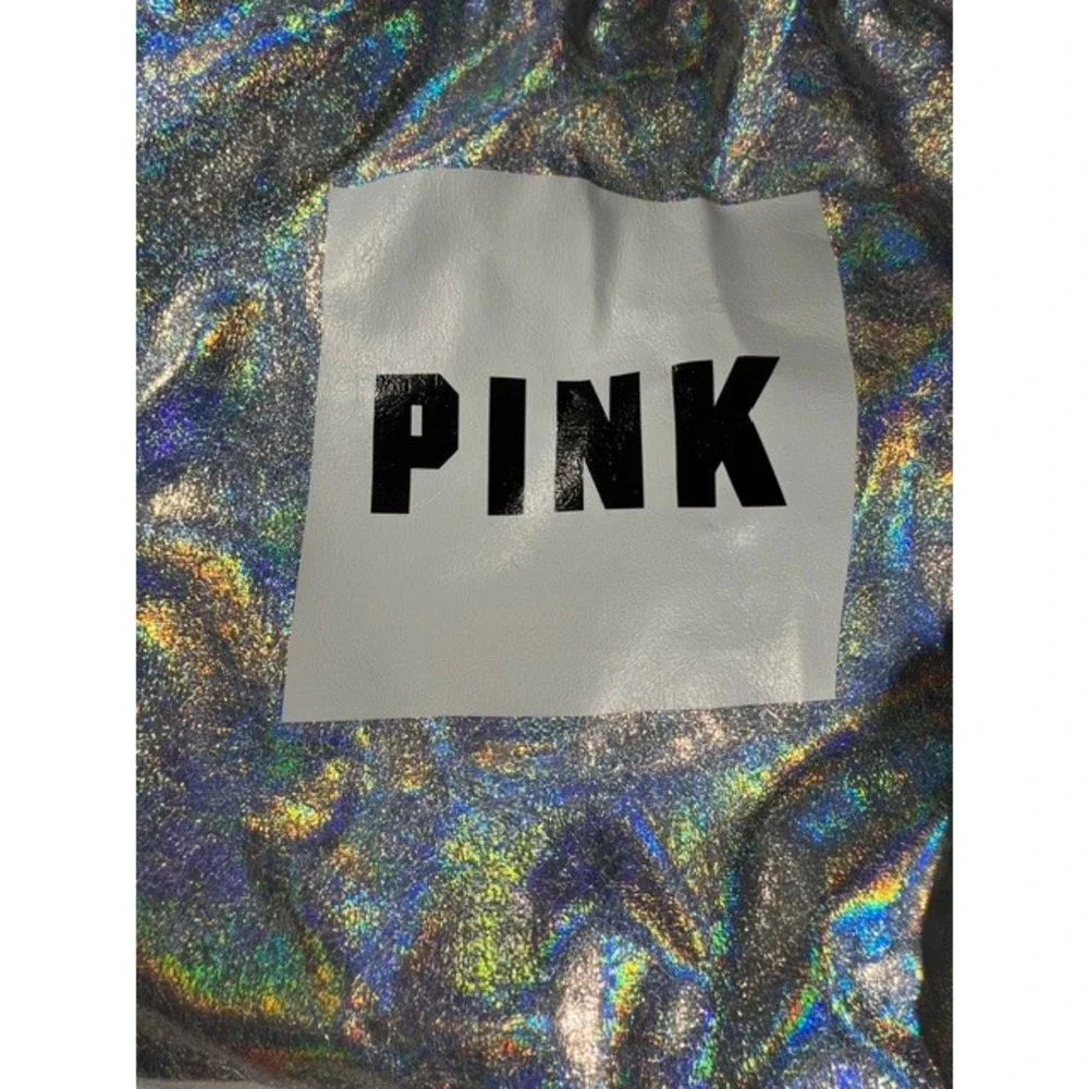 PINK Drawstring Backpack Womens OS Silver Holographic Excellent Iridescent Logo